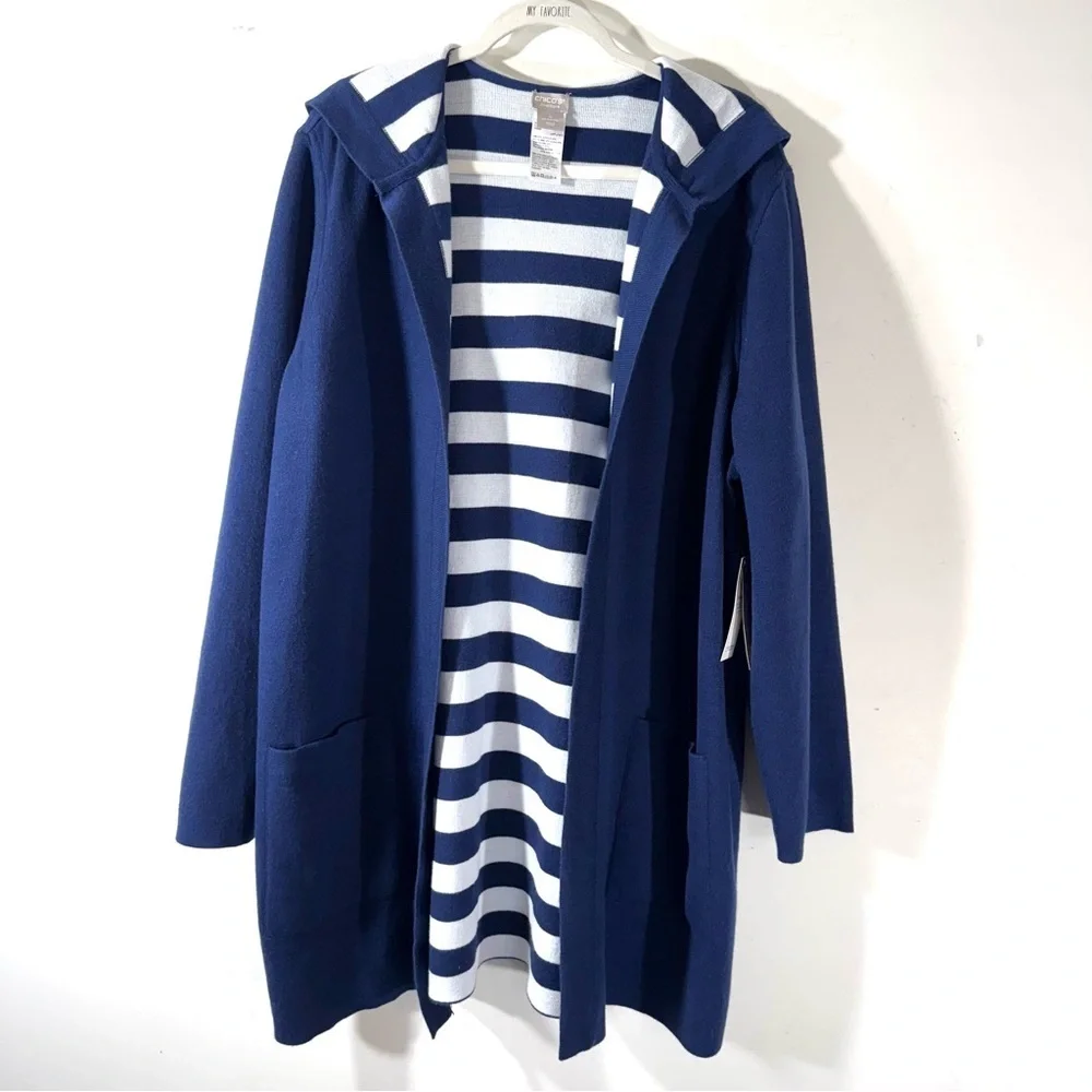 Chico’s Zenergy Reversible Navy White Stripe Cardigan Sweater NWT - Picture 6 of 14